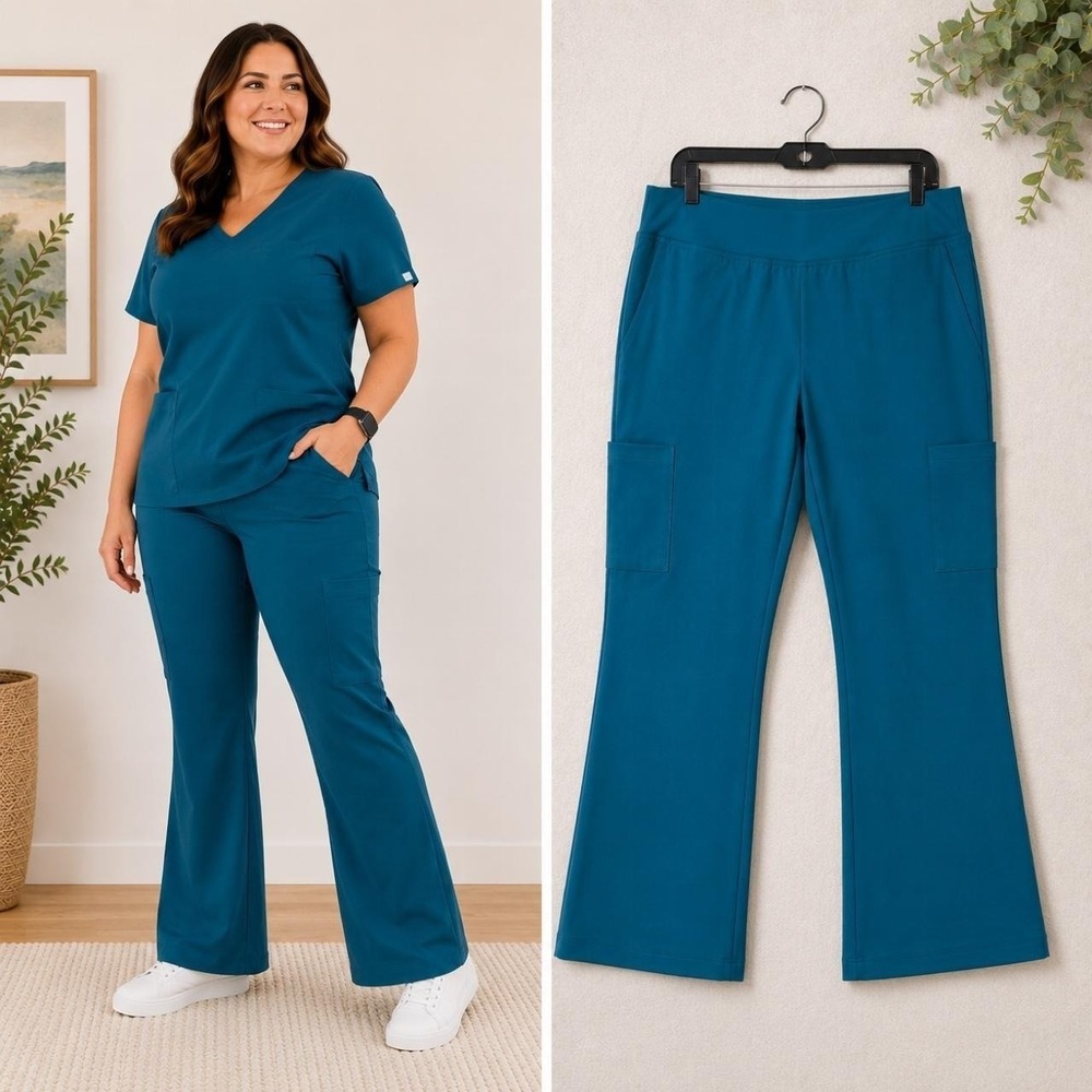 White Cross Caribbean Scrub Pant L Teal Straight Leg Cargo Stretch NWT Nurse Vet